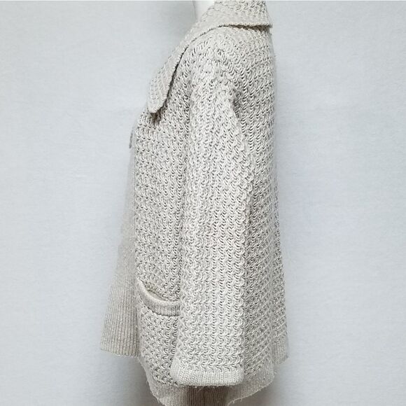 𝅺RARE Vintage 70s Jantzen Tan Chunky Knit Wide Collar Bow Bell Sleeve Cardigan - Picture 9 of 16